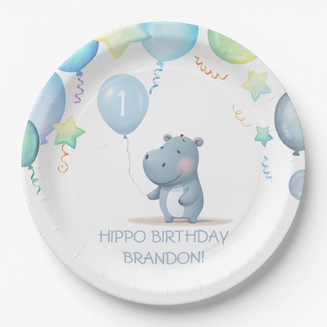 Hippo Birthday - prato de papel simples e azul (Frente)
