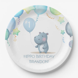 Hippo Birthday - prato de papel simples e azul