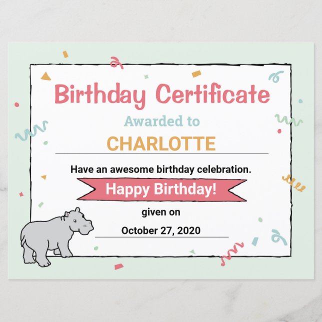 Hippo Festa de aniversário Hippo HippopotamusCerti (Frente)