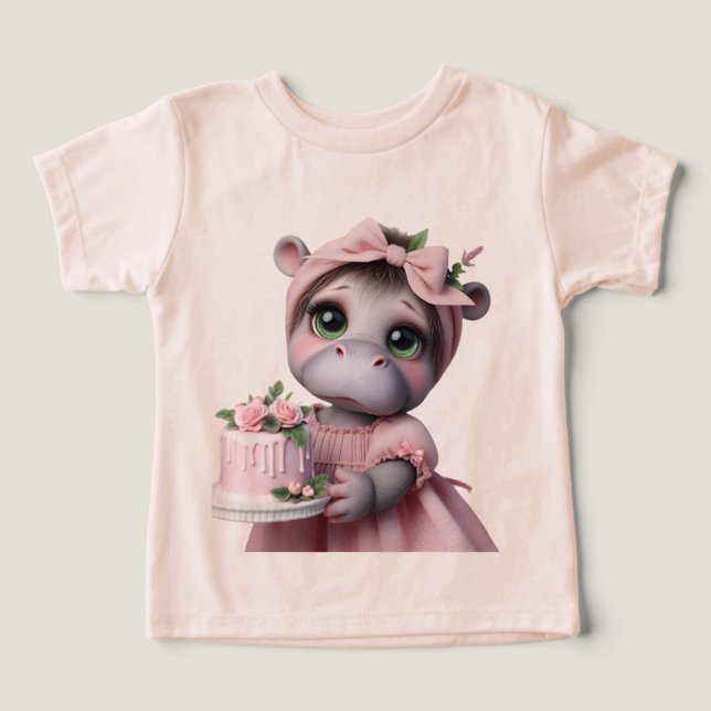 Hippo num vestido cor-de-rosa com um bolo (Design frontal)