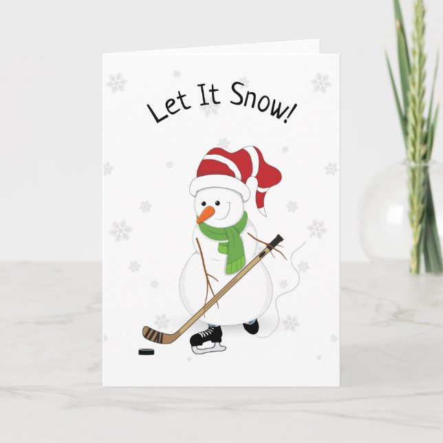 Hockey Snowman Deixa-o nevar Cartão de Natal (Frente)