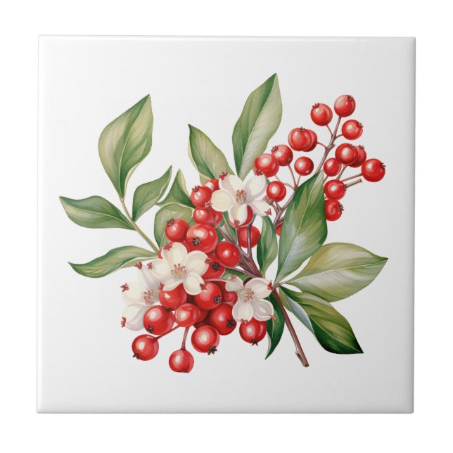 Holiday Red Berries Floral Ceramic Tile (Frente)