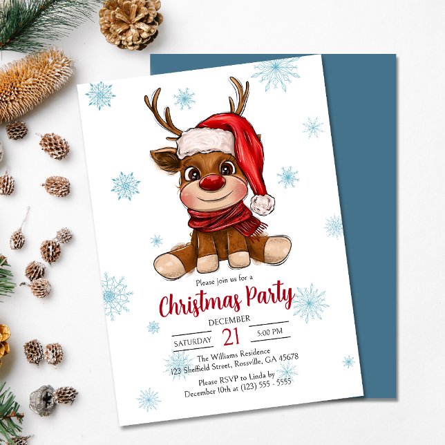 Holiday Reindeer Feliz Convite de festas de Natal (Delight your guests with our thoughtfully crafted reindeer Christmas party invitation.)