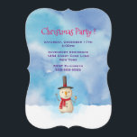 Holiday Snowman acenando Convite de festas de Nata<br><div class="desc">Convite de festas de Natal com uma bela ilustração de bonitinha de neve. Ele está vestindo um chapéu preto de cachimbo, segurando um clássico cachimbo de milho, e vestindo um cachecol vermelho. Ficando na neve branca fria sorrindo e balançando olá. O fundo é composto por céu aquoso com cores azuis...</div>