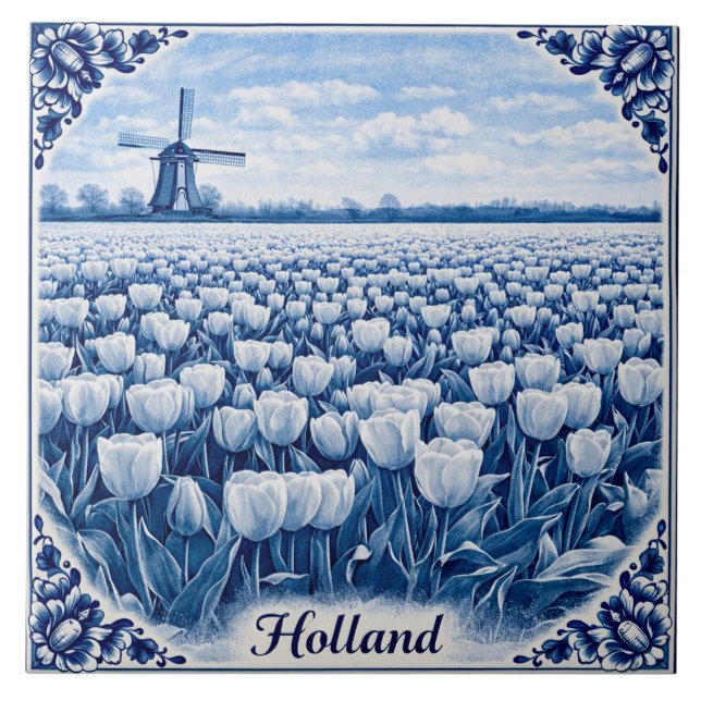 Holland tulips Delft Blue style ceramic tile (Frente)