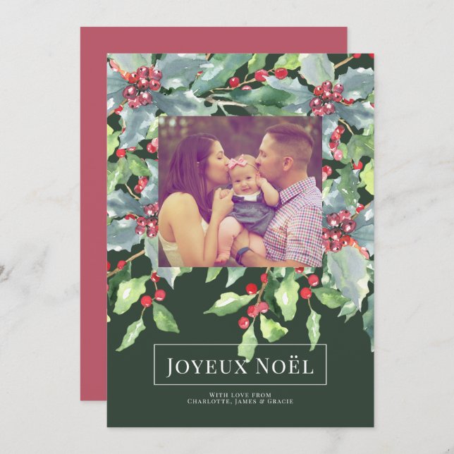 Holly Berry Joyeux Noël Cartão de Natal Elegante (Frente/Verso)