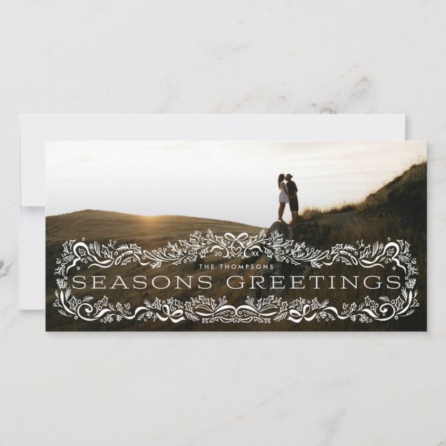 Holly Framed Seasons Greetings Photo Holiday Card (Frente)