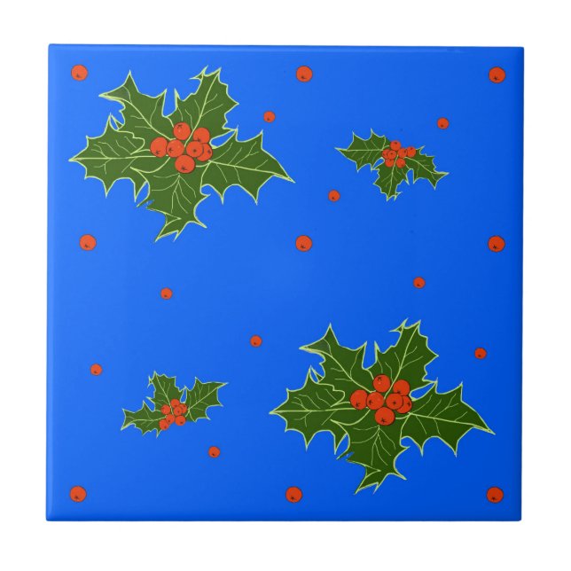 Holly (Ilex) Motif de Natal em Azul Festivo (Frente)