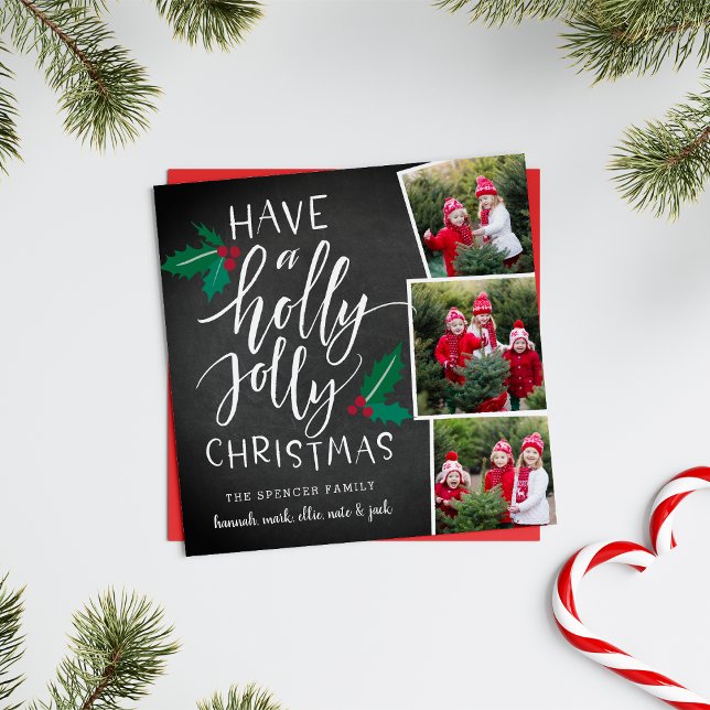 Holly Jolly | Cartão de Colagem de Fotos de Feriad (A 3 photo holiday card with rustic appeal in a classic Christmas color palette.)