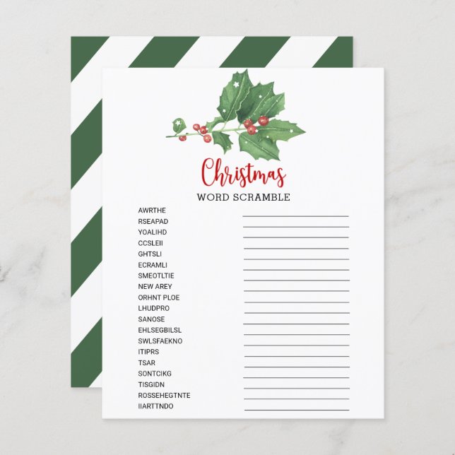 Holly Wreath Word Scramble Game Card (Frente/Verso)