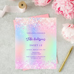 Holográfico roxo rosa Doce 16 convite orçamental<br><div class="desc">Um convite de festas giro e feminino Doce 16. Na frente: Um arco-íris, fundo holográfico colorido em roxo, rosa, verde-menta. Decorado com confete cor-de-rosa penteado. Personalize e adicione um nome e detalhes da parte. O nome é escrito com um script de estilo manuscrito, letras cor roxa. 1 folha = 1...</div>