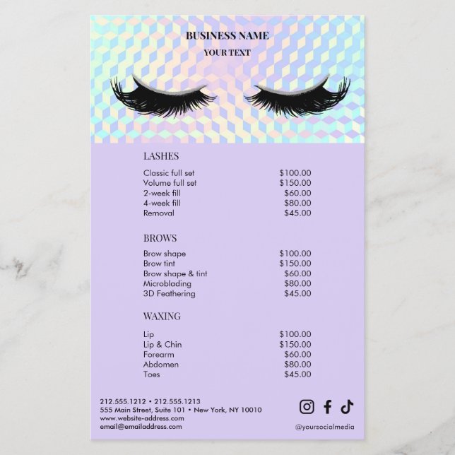 Holographic Lashes Salon Price List Menu (Frente)