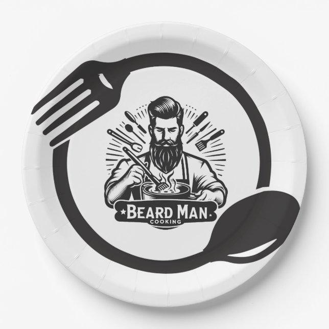 Homem Barbudo Cozinhando Pratos de Papel (Frente)