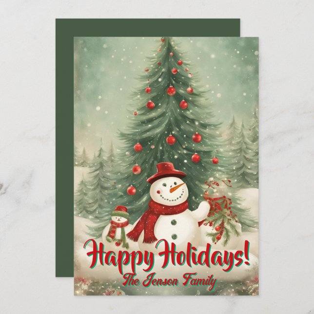 Homem de neve de Natal1, Feriados Felizes, Cartão  (Frente/Verso)