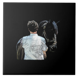Homem Segurando Azulejo cerâmico escuro de cavalos