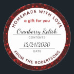 Homemade com a Etiqueta de Comida Red Christmas Lo<br><div class="desc">Homemade com Love Christmas Red Bokeh Product Name e Date Classic Round Sticker Jar Lid ou Comida Label.. Um padrão de manto vermelho de Natal borda seus detalhes de produtos de comida caseiros nessas etiquetas de adesivos redondos festivos para dar seus doces caseiros, biscoitos, pães, tortas e muito mais. Você...</div>