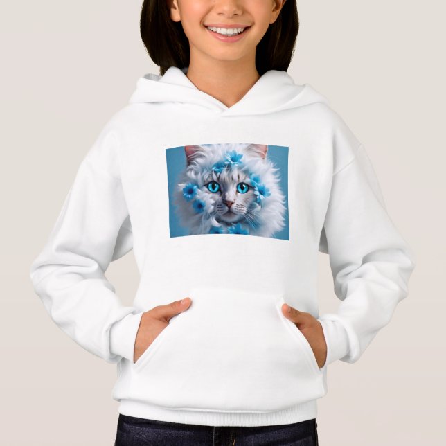 Hoodie branco de moça com gato branco bonito (Frente)
