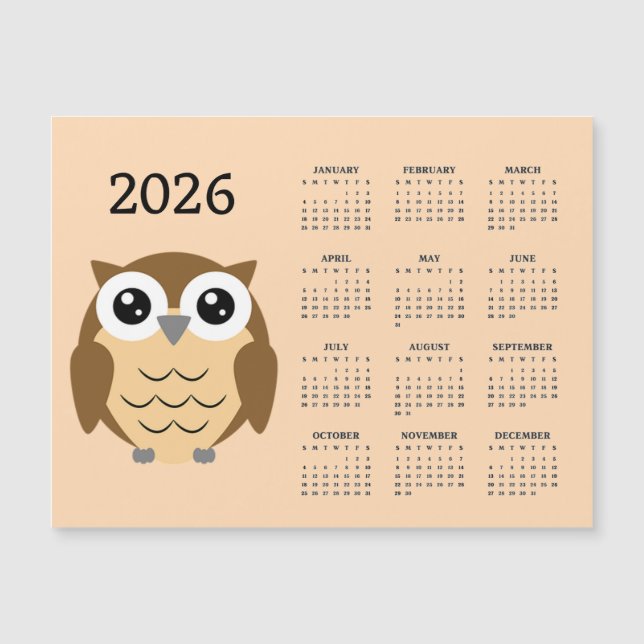 Hoot Owl 2026 Calendar Magnetic Card (Frente)