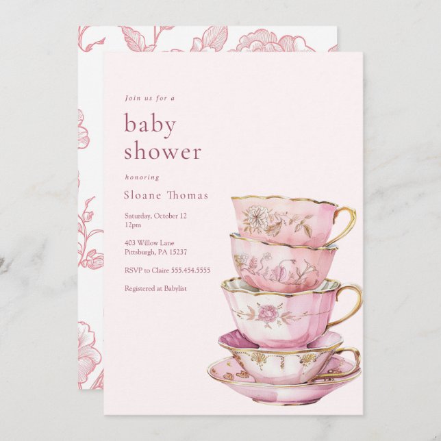 Hora rosa para o convite para Chá de fraldas de ch (Frente/Verso)