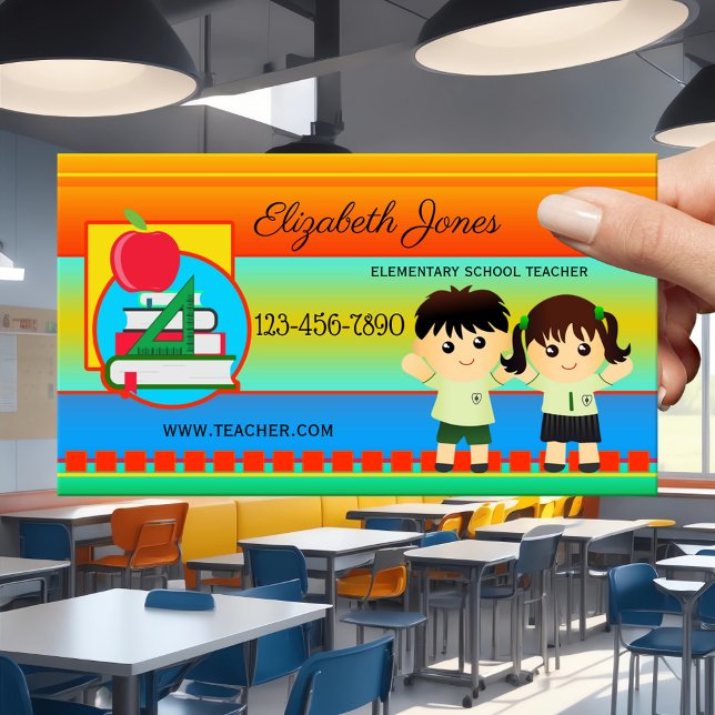 Horário Bold Elementor School Teacher Cartão de visita (Business card in bold colors with kids - primary school or elementary teacher - colorful - whimsical)