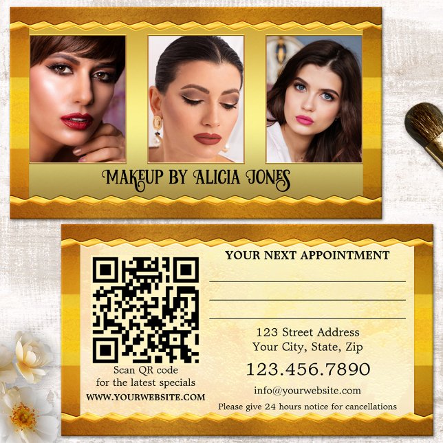Horário Cartão de Compromisso de Beleza para Maqueamento d (Elegant photo appointment business card in gold artistic style with QR code template - makeup artist)