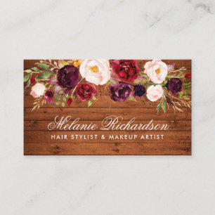 Horário Cartão de visita Floral Rustic Wood Burgundy