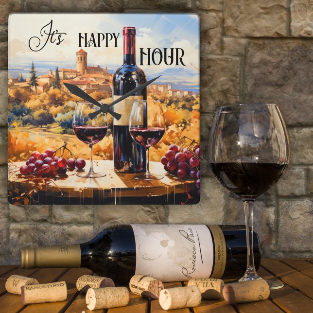Horário Feliz, Paisagem Italiana, Relógio de Arte (An artistic design wall clock featuring an Italian fantasy landscape painting with red wine)