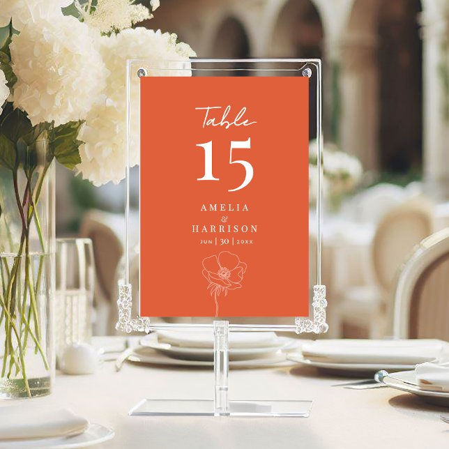 Horário Laranja Elegante Sunset 5x7 Número da Tabe (Sunset Orange Wedding Reception Table Number with Couple Names, Date, Delicate Flowers.)