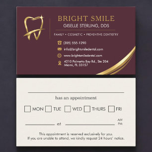 Horário Logotipo Dourado e Borgonha de Dentista Cartão de