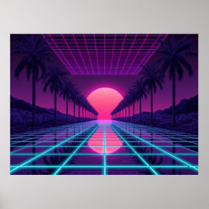 Horizonte Retro Synthwave - Poster de Grade Neon e