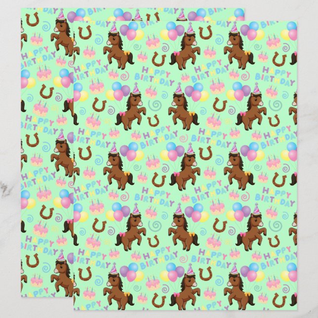 Horse Scrapbook Paper in Green (Frente/Verso)