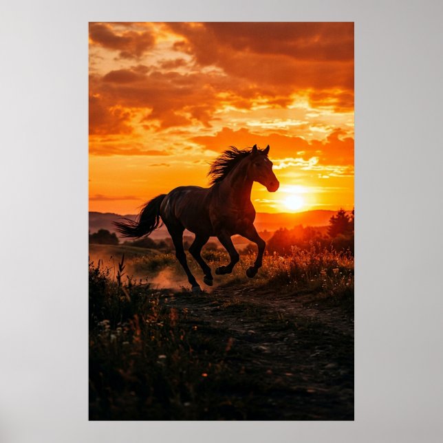 Horse Sunset Poster | Running Black Horse Wall Art (Frente)