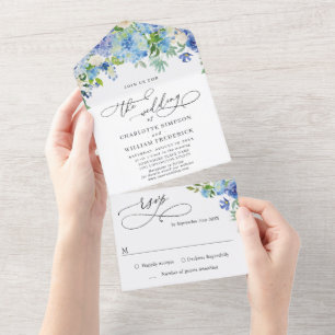 Hortênsia Azul Elegante Aquarela Folhagem Casament