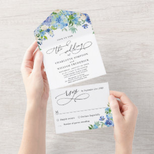 Hortênsia Azul Elegante Aquarela Verde Casamento