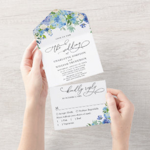 Hortênsia Azul Elegante Aquarela Verde Casamento