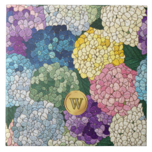 Hortênsias Floral Falso Vidro Manchado Monograma