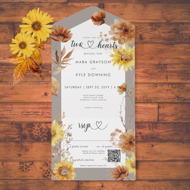Horto de girassol russo e código QR branco (Rustic Autumn Sunflower Taupe & White QR Code All In One Invitation)