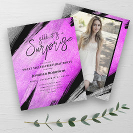Hot Pink Silver Foil Surprise Sweet 16 Invites