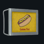 Hotdog Belt Buckle<br><div class="desc">Ilustração de desenho animado de cachorro-quente. Imagem do contorno da comida de lixo ícones de fundo amarelo. Custom Text.</div>