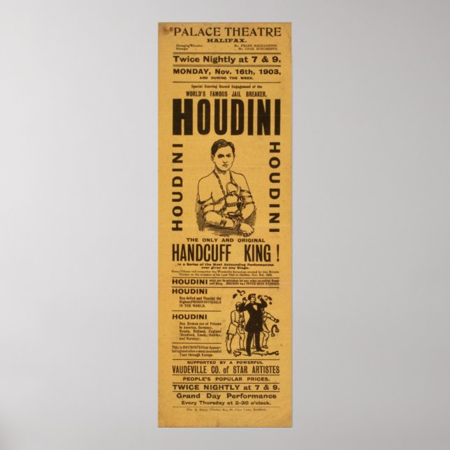 HOUDINI Escape Artist VAUDEVILLE Poster (Frente)