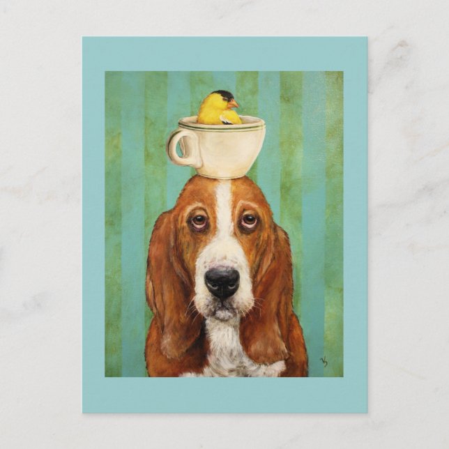 Hound basset com goldfinho no cartão postal do tea (Frente)