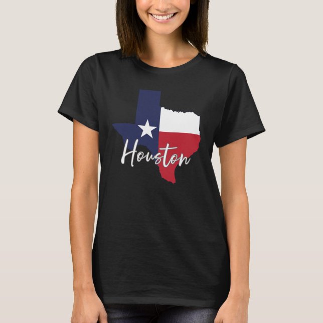 Houston, Bandeira do Texas Mapa Camisa Preta Femin (Frente)