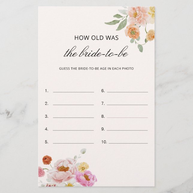 How Old Was The Bride Bridal Shower Game Card (Frente)