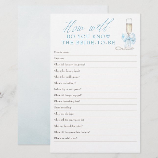 How Well Do You Know The Bride To Be Bridal Games (Frente/Verso)