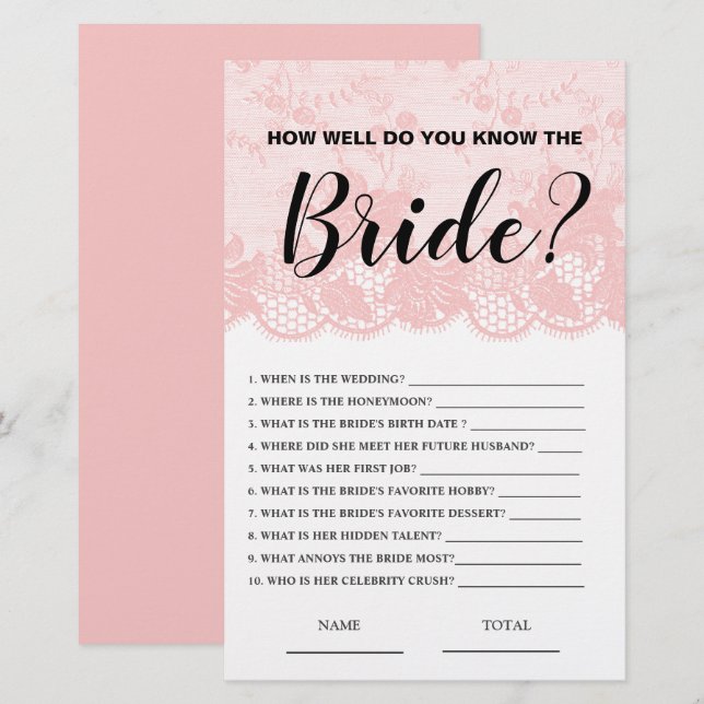 How well know the Bride Pink Lace Bridal Game (Frente/Verso)