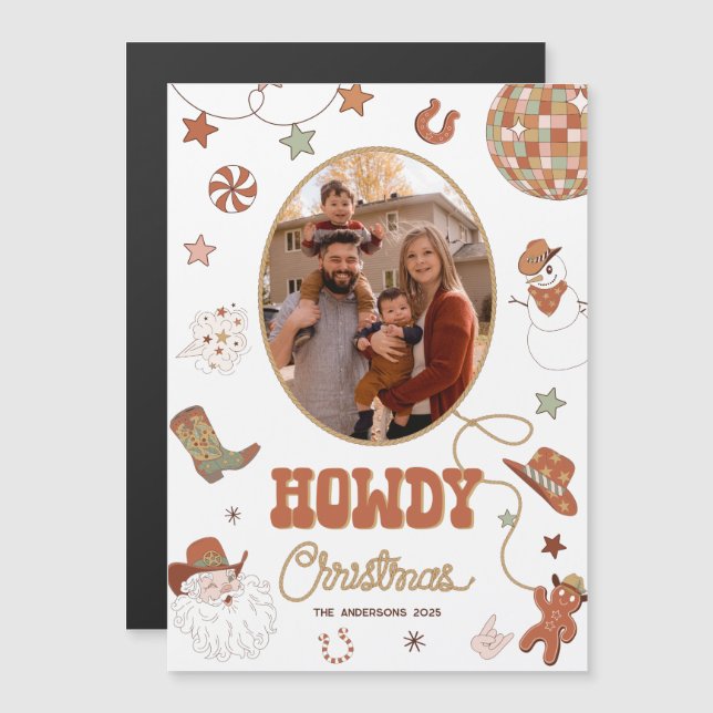 Howdy Retro Western Photo Christmas Magnetic Card (Frente/Verso)