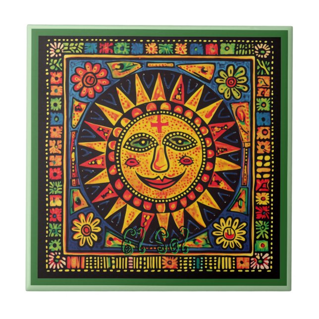 Huichol Loteria Cerâmica Azulejo El Sol Cerâmica (Frente)