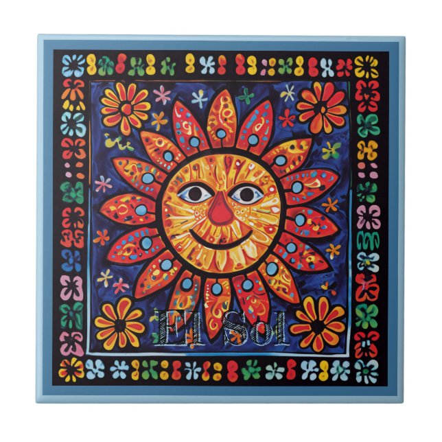 Huichol Loteria Cerâmica Azulejo El Sol Cerâmica (Frente)