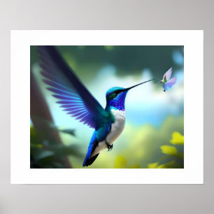 Hummingbird Azul E Branco Vibrante Em Poster de Vo