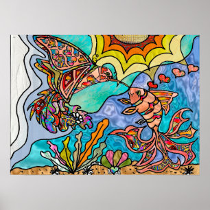 Hummingbird Goldfish Reflexão Fantasia Poster de A
